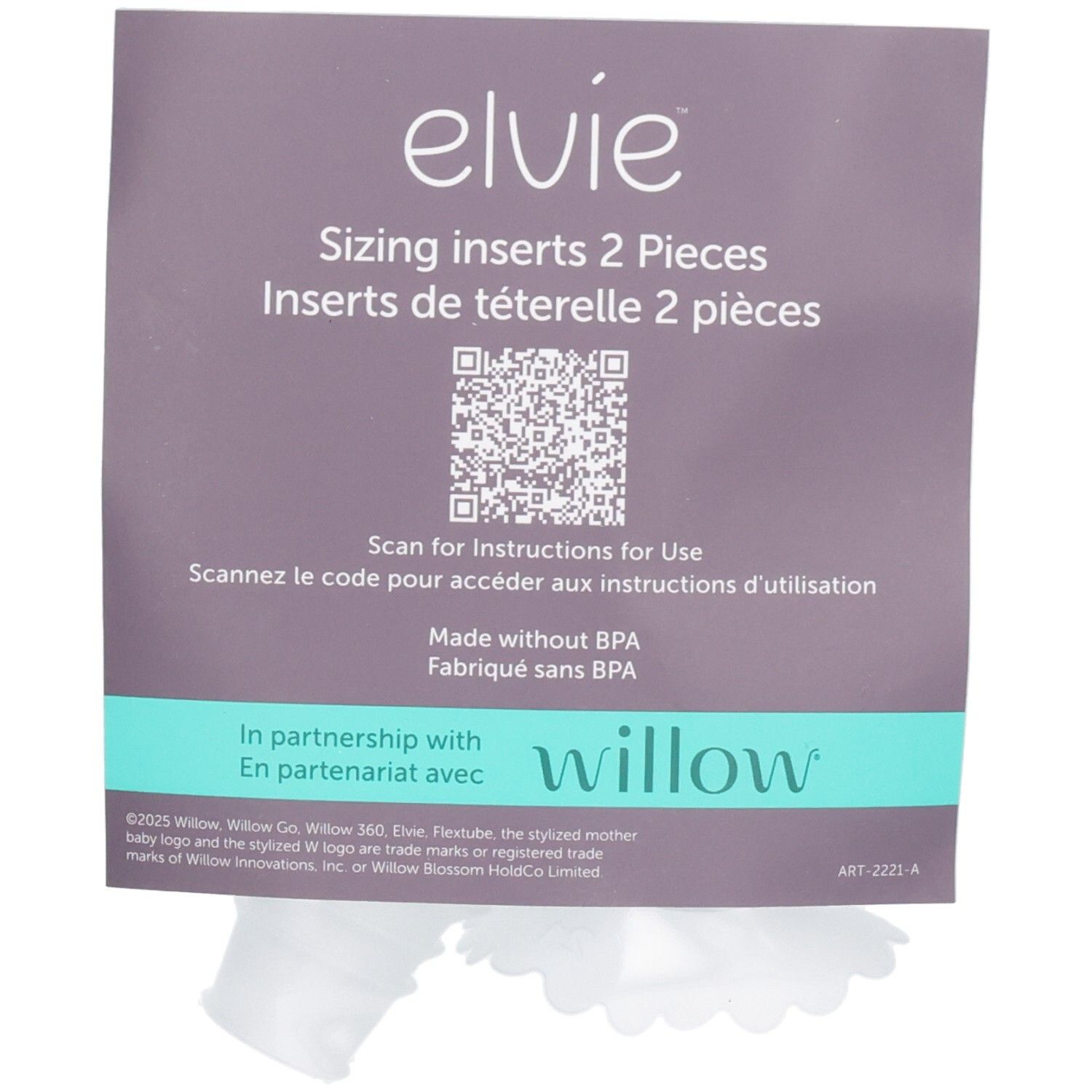 Elvie Sizing Inserts 2 Stück, weiß, aus Kunststoff, mit QR-Code und Produktinformationen.