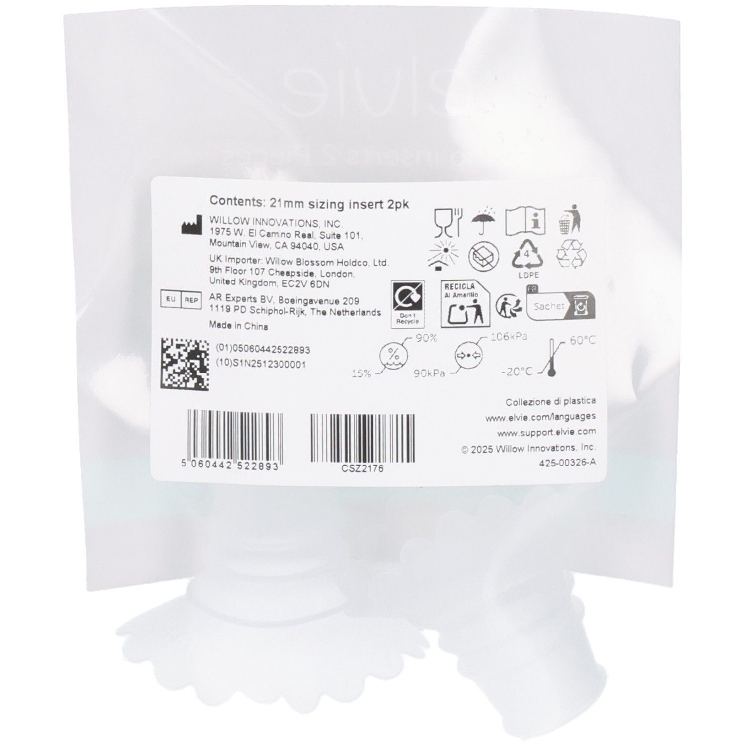 Elvie 21mm Sizing Insert 2er Pack, weiß, mit Inhaltsangabe und Anwendungssymbolen.