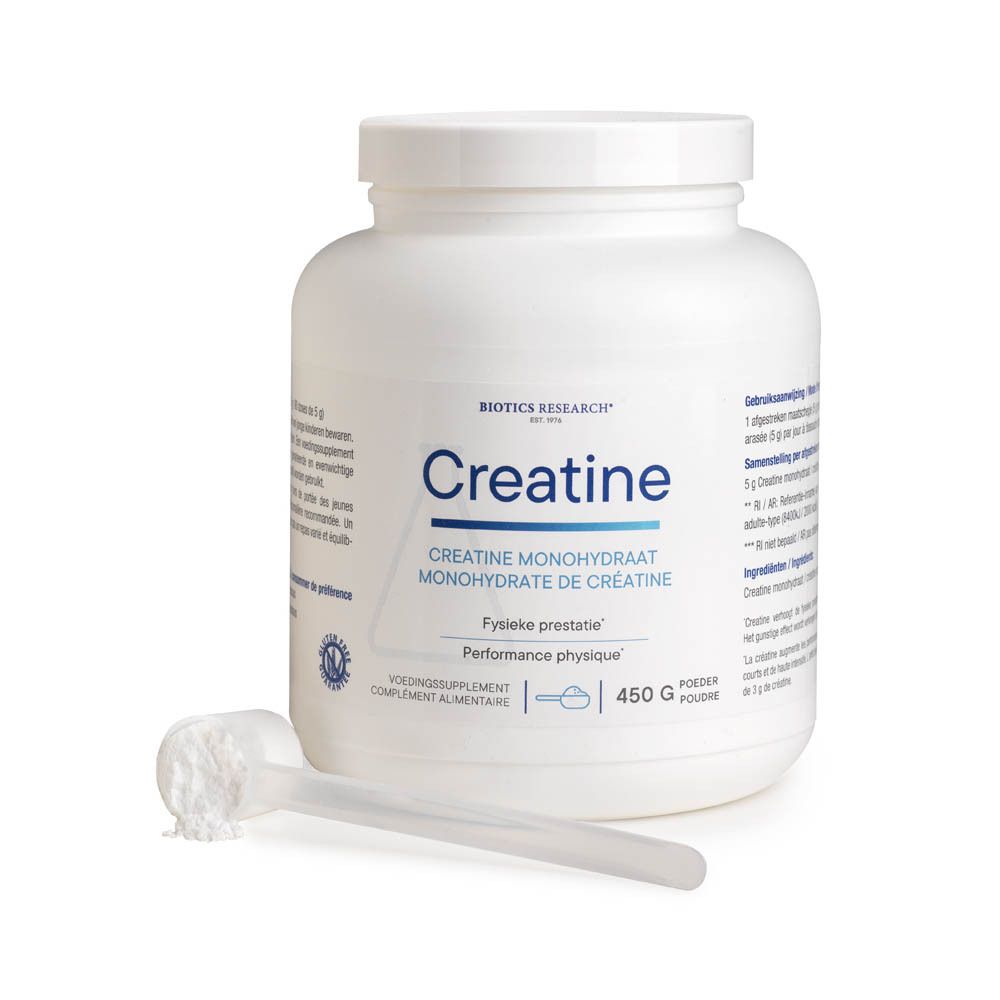 Pot de poudre blanche et cuillère doseuse. Inscriptions: Biotics Research, Creatine, 450 g.