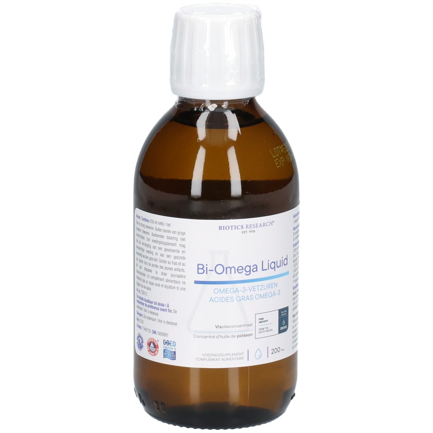 Braune Glasflasche mit weißem Verschluss. Etikett mit Produktnamen Bi-Omega Liquid und Logos. Flasche steht aufrecht.