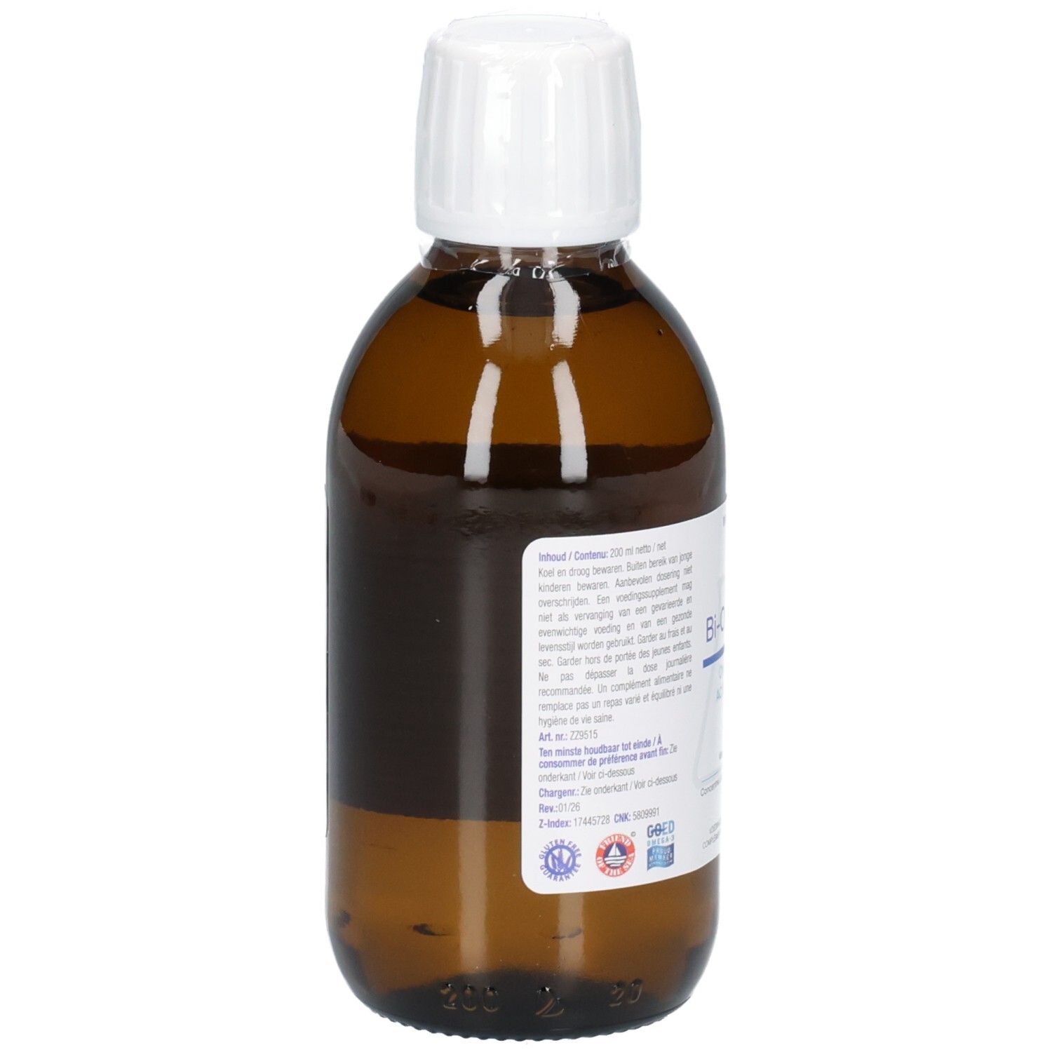 Rückansicht einer braunen Glasflasche mit weißem Verschluss. Etikett mit Text. Flasche steht aufrecht.