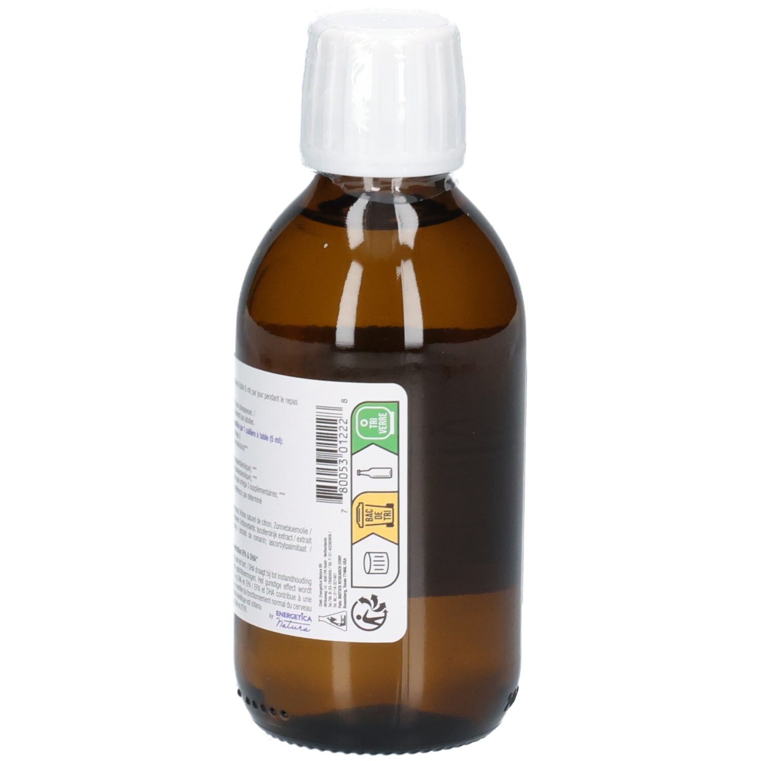 Rückansicht einer braunen Glasflasche mit weißem Verschluss. Etikett mit Text und Symbolen. Flasche steht aufrecht.