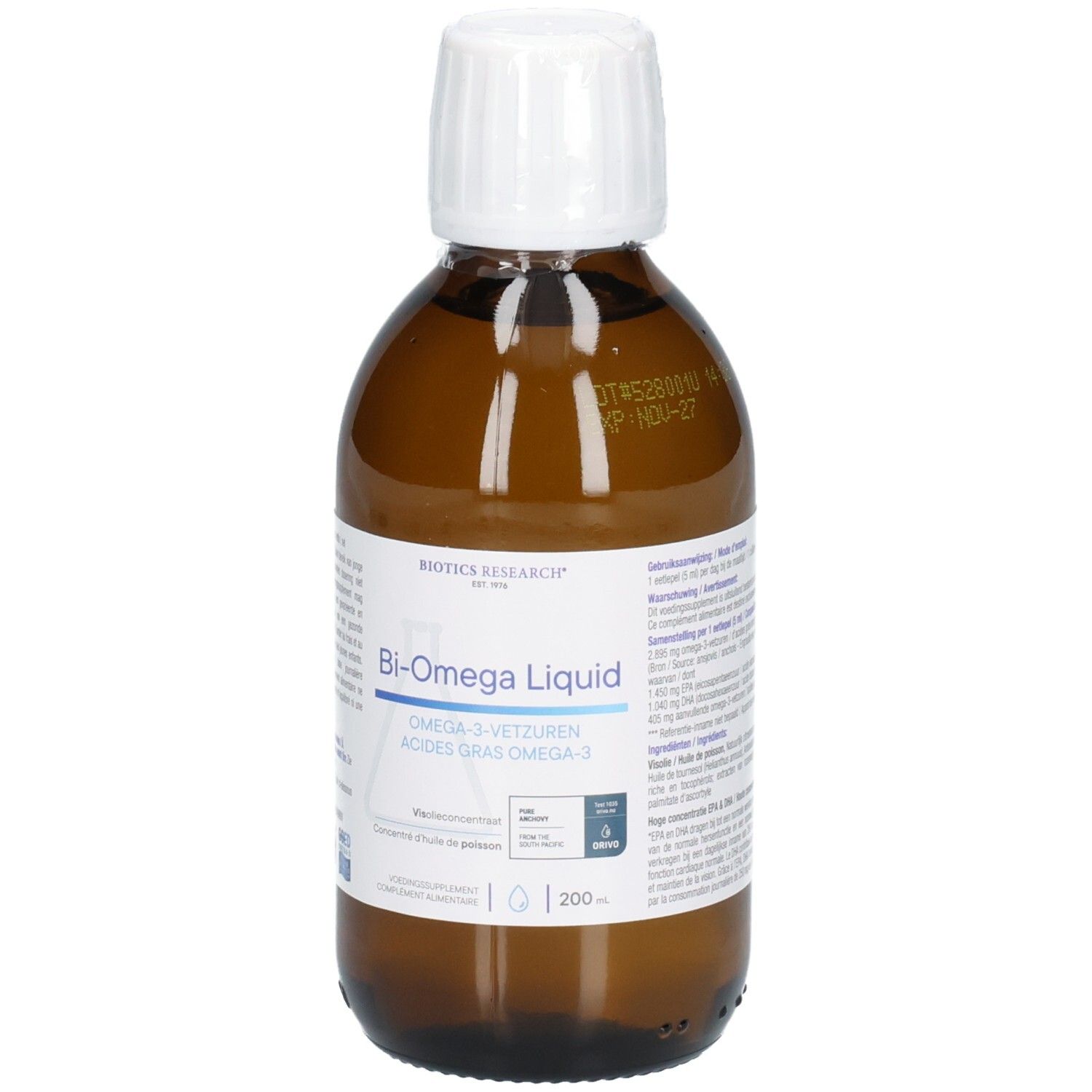 Braune Glasflasche mit weißem Verschluss. Etikett mit Produktnamen Bi-Omega Liquid und Logos. Flasche steht aufrecht.