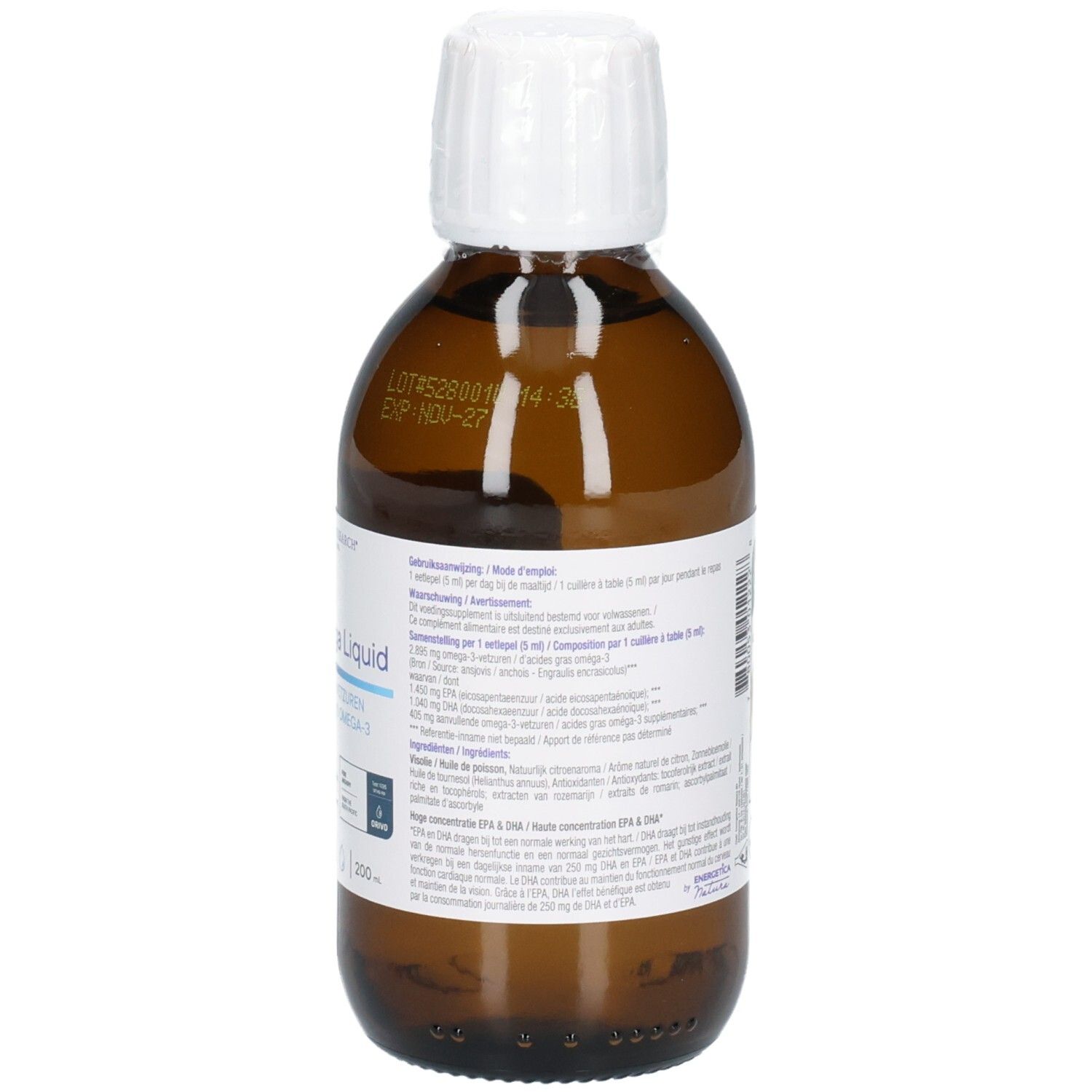 Braune Glasflasche mit weißem Verschluss. Etikett mit Text. Flasche steht aufrecht.
