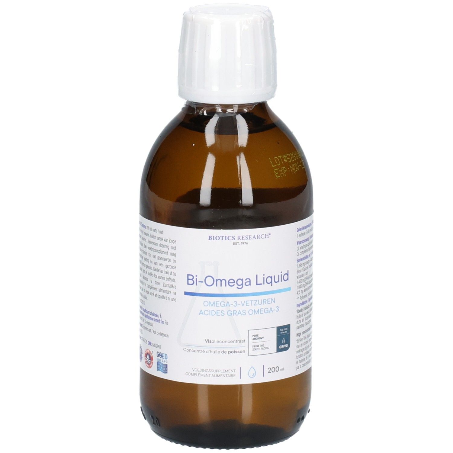 Braune Glasflasche mit weißem Verschluss. Etikett mit Produktnamen Bi-Omega Liquid und Logos. Flasche steht aufrecht.