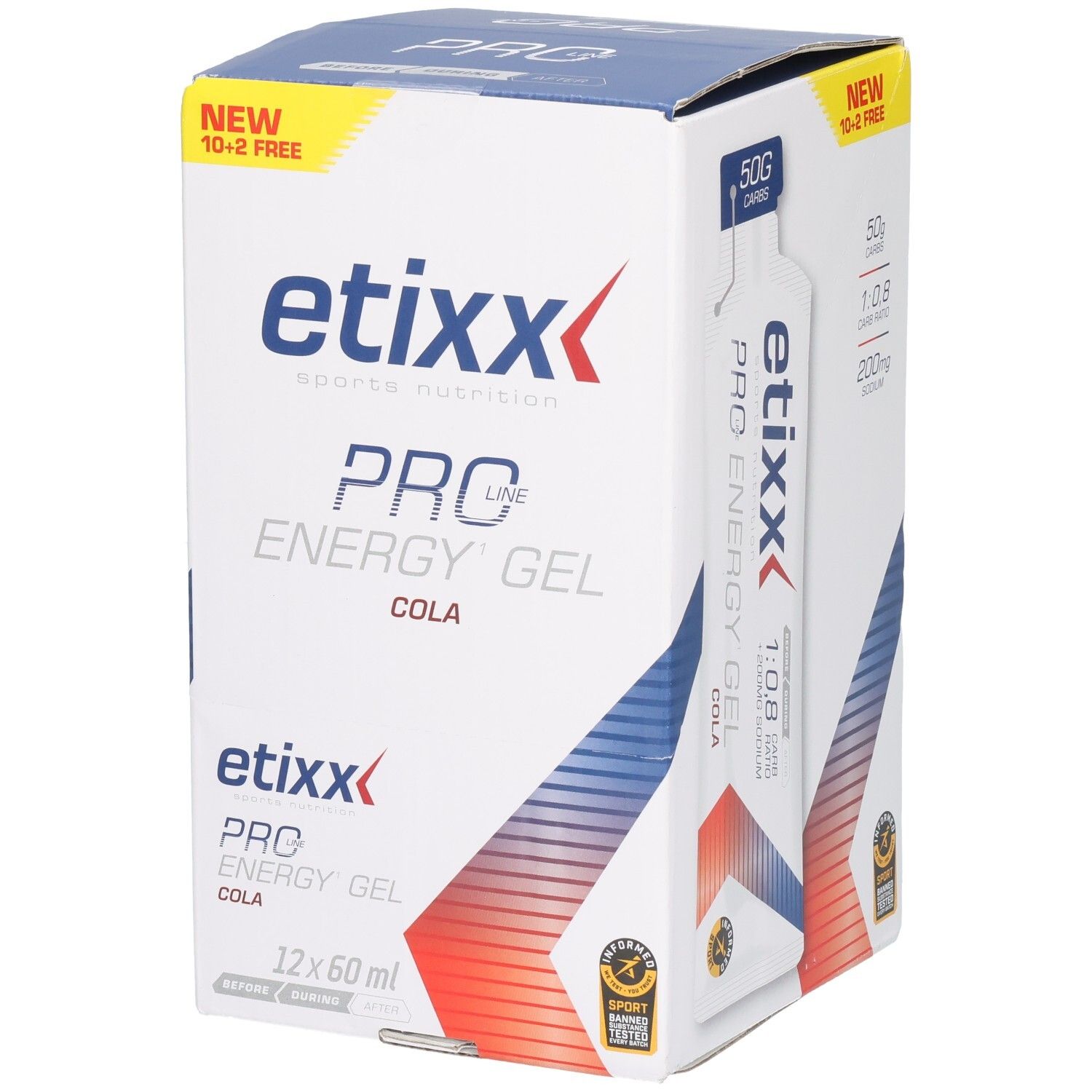 Etixx Pro Line Energy Gel Cola Karton mit 12x60ml Beuteln. Enthält 50g Kohlenhydrate pro Beutel.