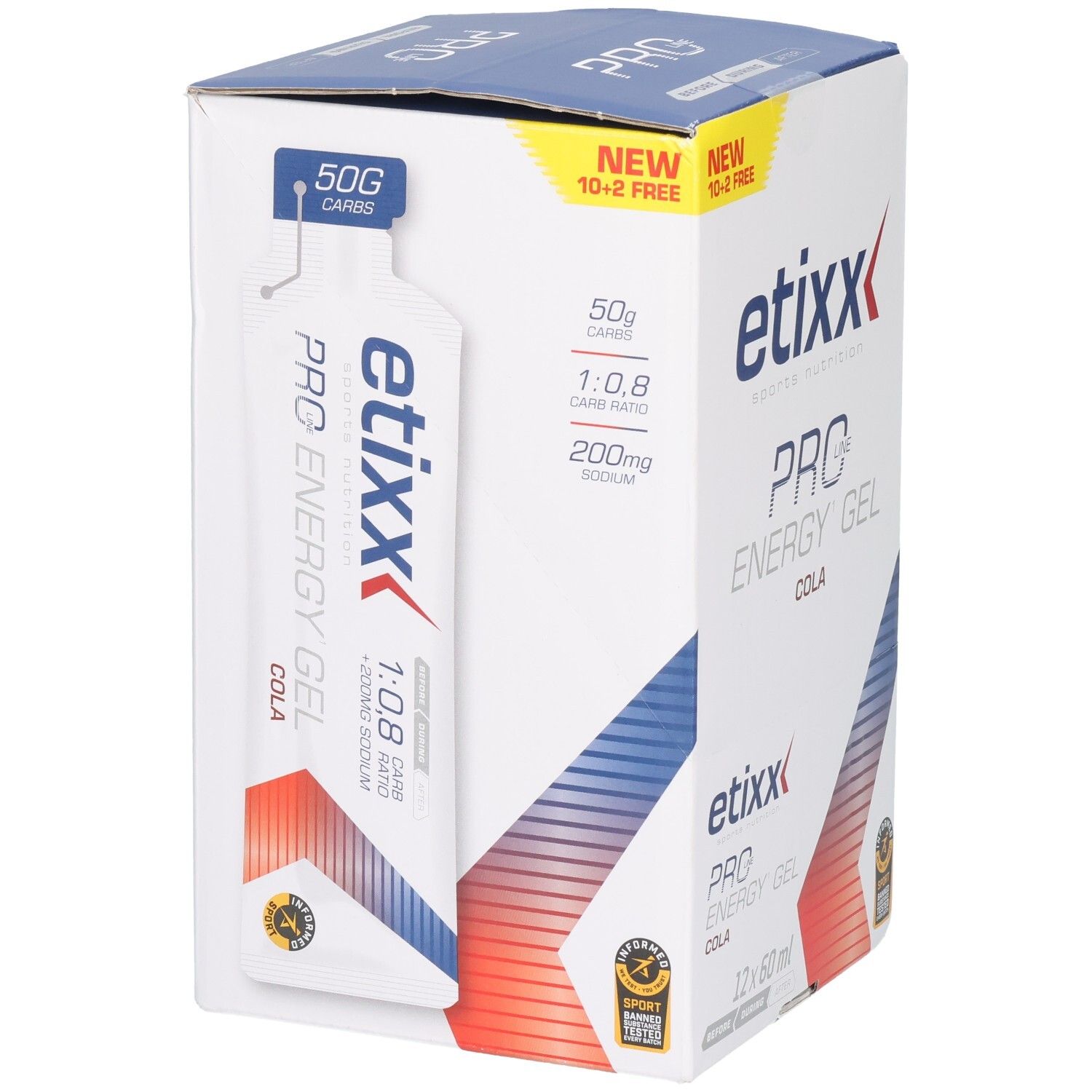 Etixx Pro Line Energy Gel Cola Karton mit 12x60ml Beuteln. Ein Beutel enthält 50g Kohlenhydrate und 200mg Natrium.