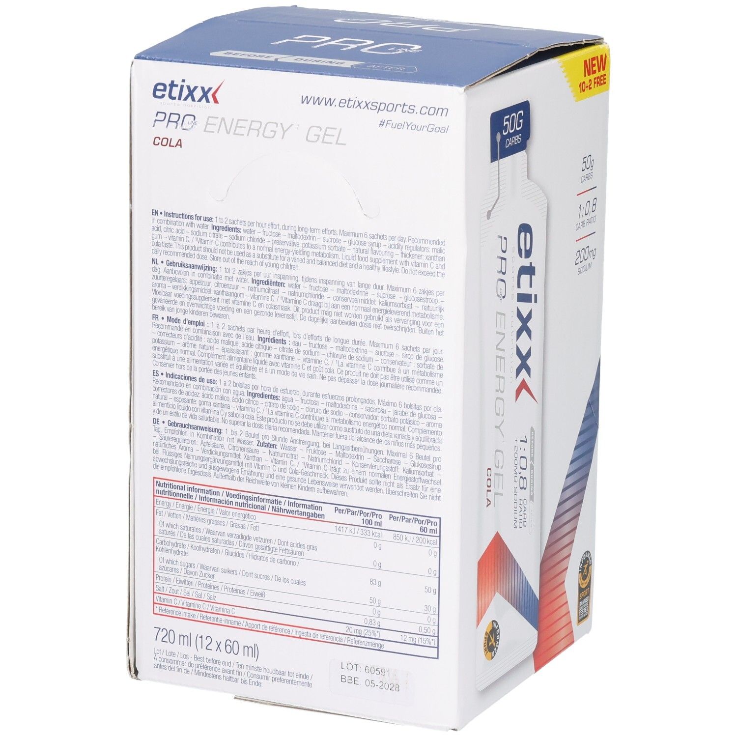 Rückseite des Etixx Pro Line Energy Gel Cola Kartons mit Nährwertangaben und Anwendungshinweisen.