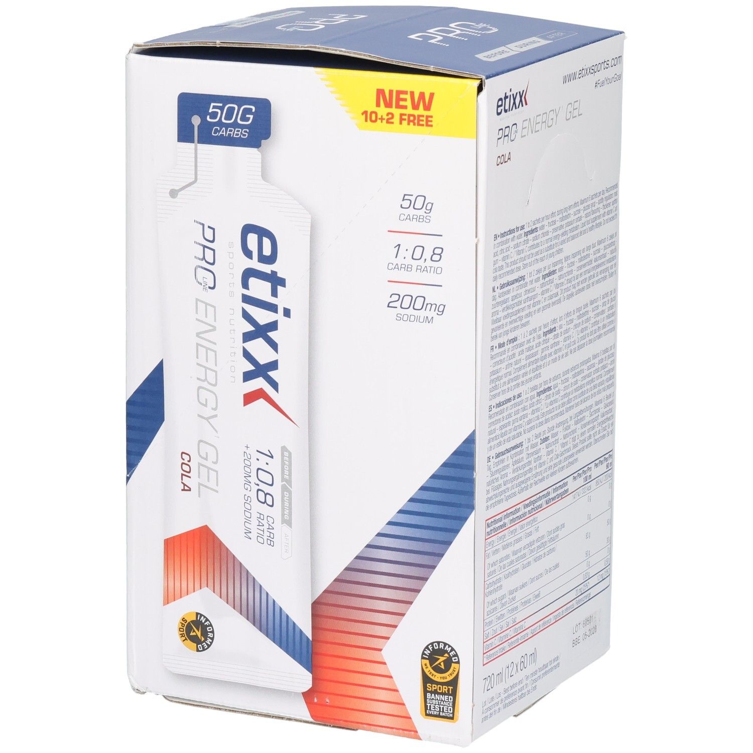 Etixx Pro Line Energy Gel Cola Beutel mit 50g Kohlenhydraten und 200mg Natrium. Verhältnis Kohlenhydrate zu Natrium 1:0.8.