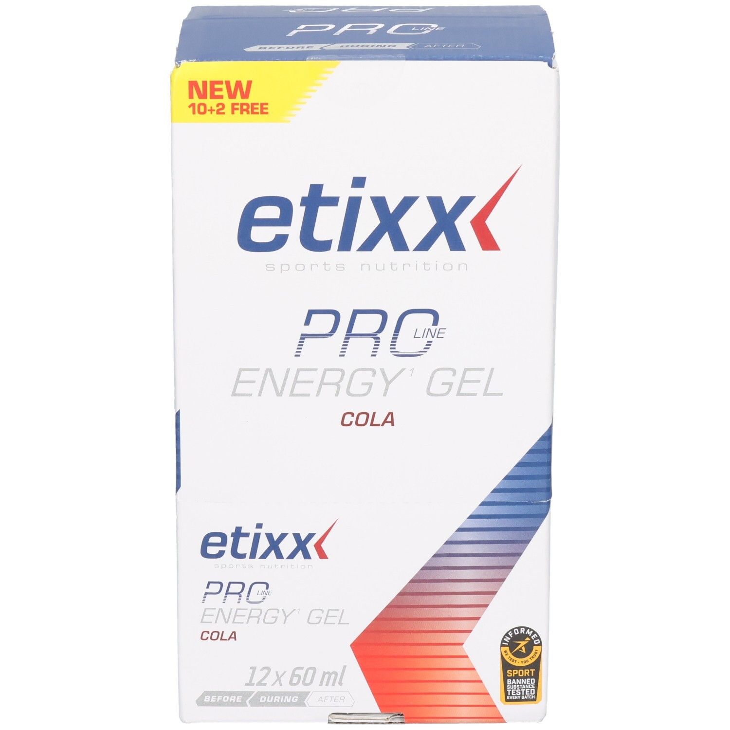 Etixx Pro Line Energy Gel Cola Karton mit Aufdruck 'NEW 10+2 FREE'. Enthält 12x60ml Beutel.