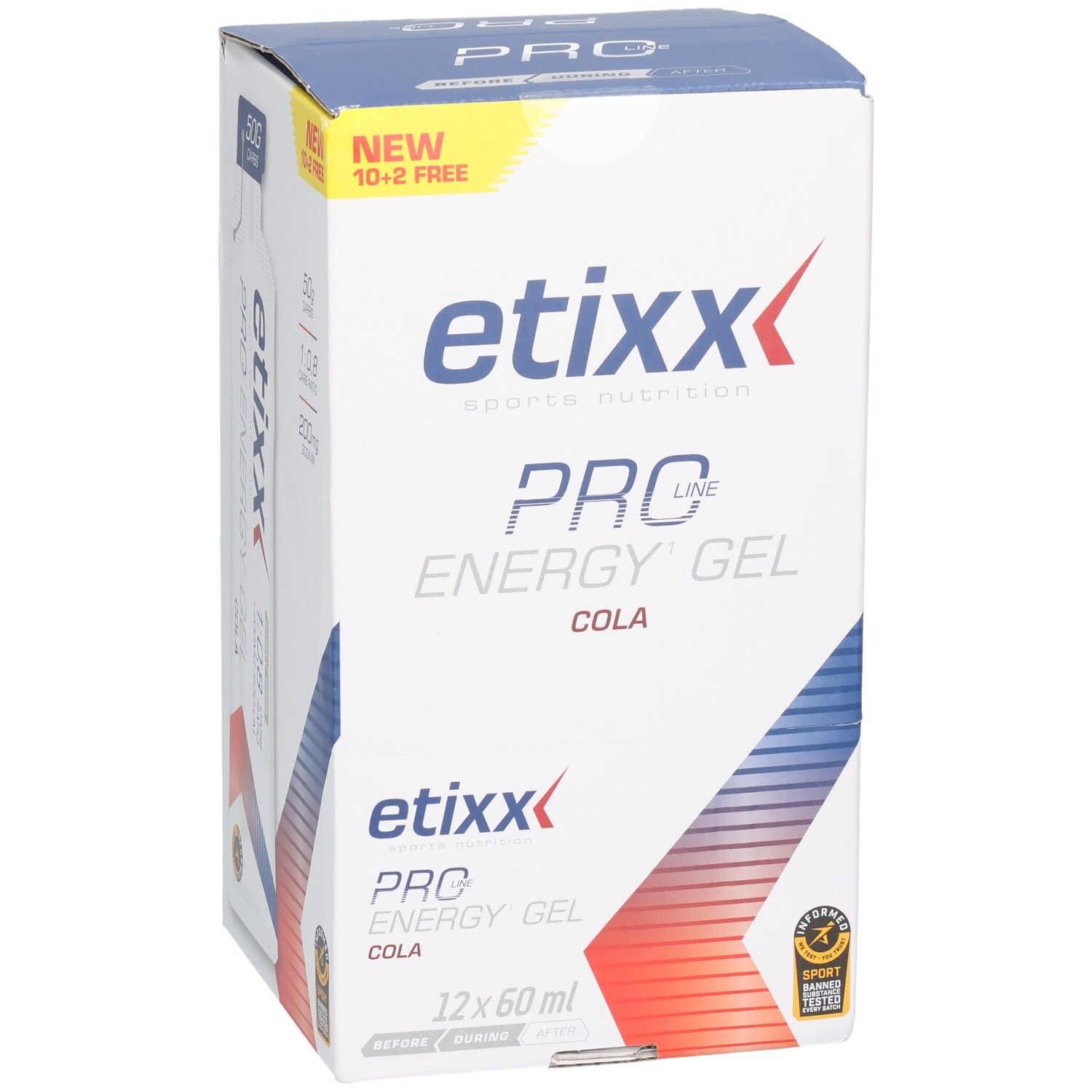 Etixx Pro Line Energy Gel Cola Karton, Vorderseite mit Produktnamen und 12x60ml Angabe.