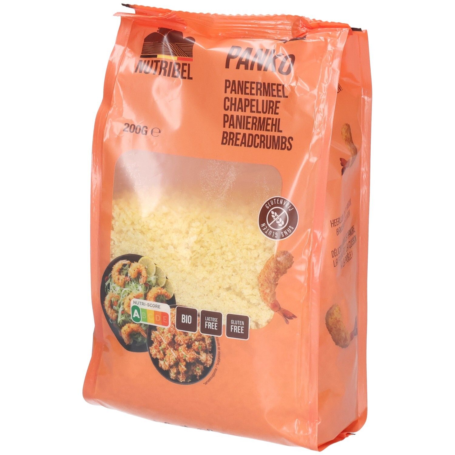 Emballage orange de chapelure Panko. Fenêtre transparente révélant le contenu. Label sans gluten. Labels bio et nutritionnels.