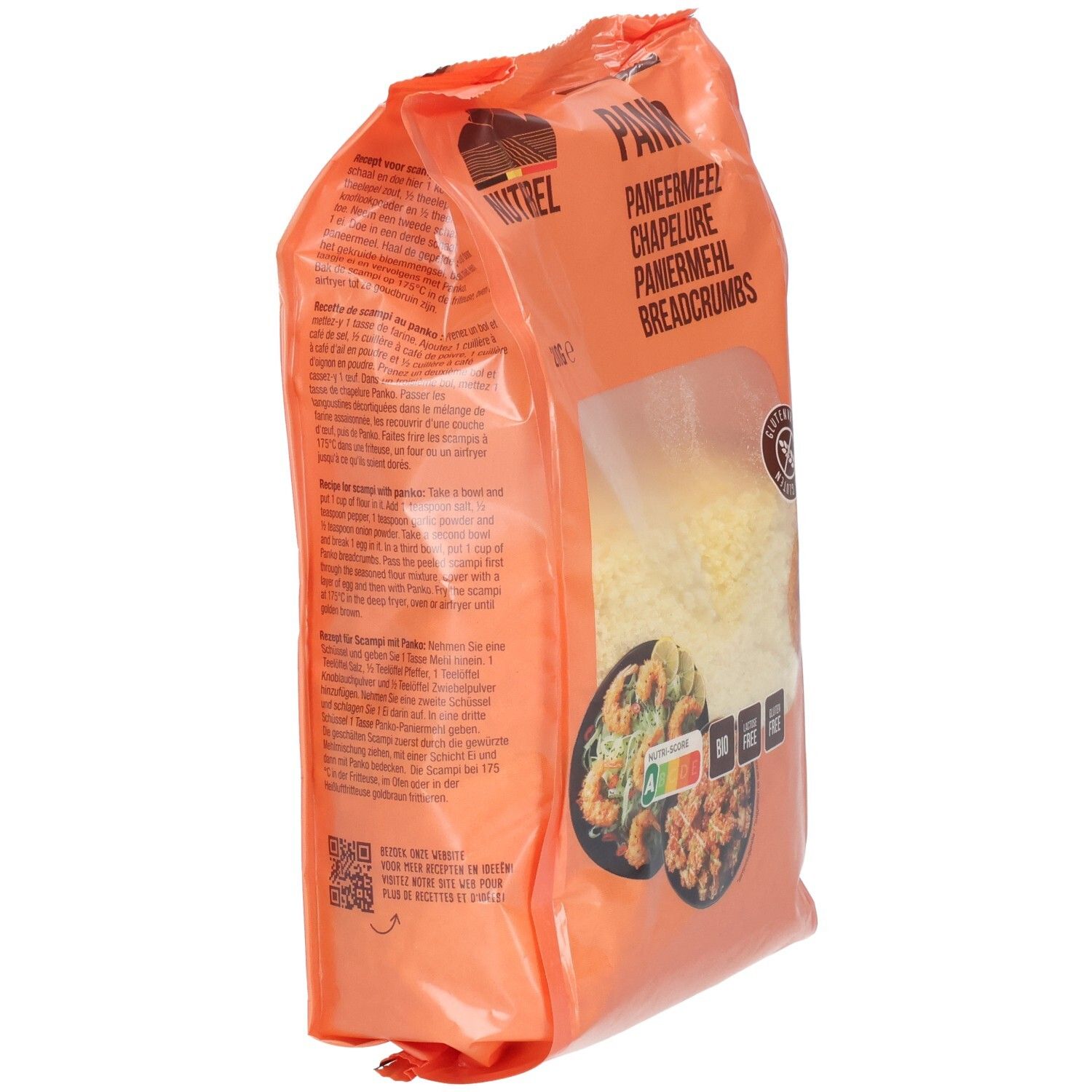 Emballage orange de chapelure Panko en biais. Fenêtre transparente. Texte multilingue. Label sans gluten.