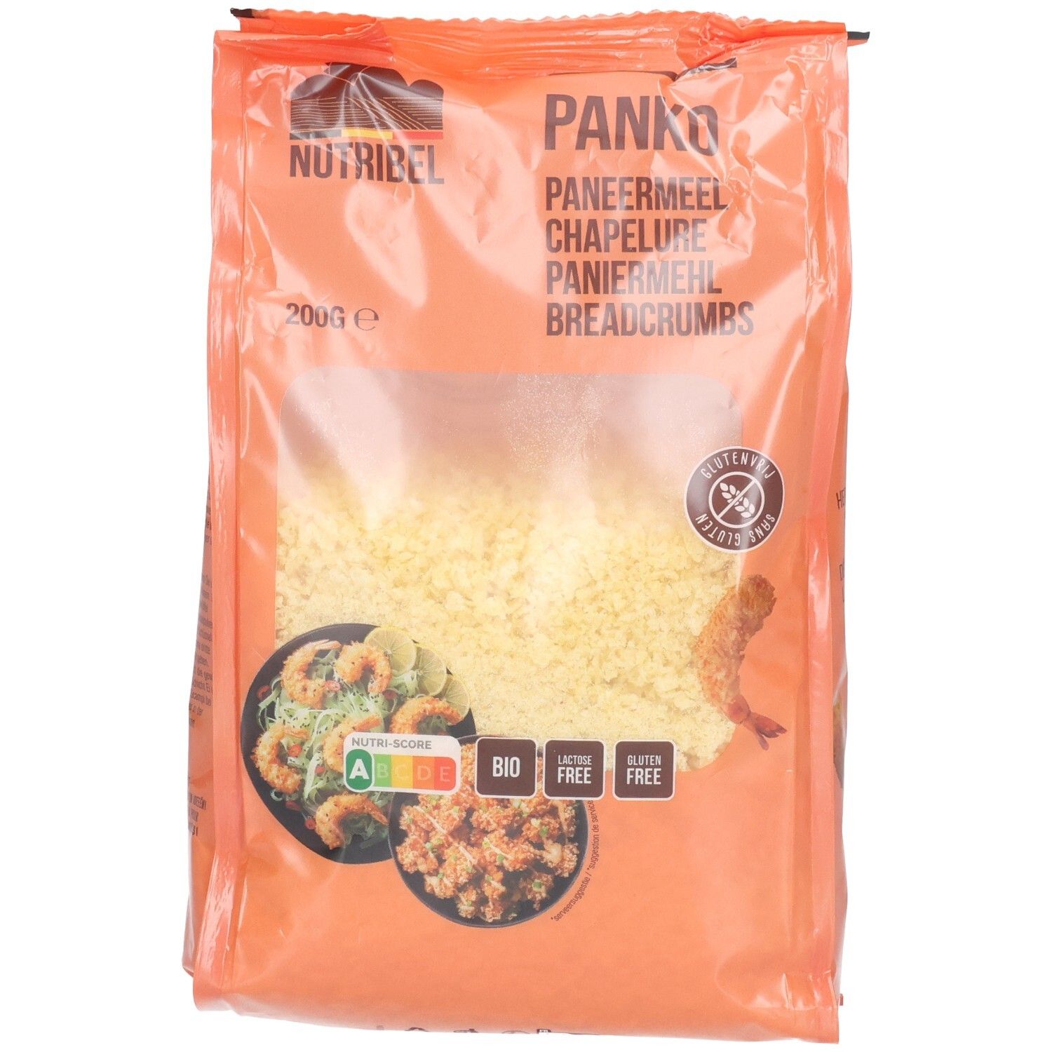 Emballage orange de chapelure Panko. Fenêtre transparente révélant le contenu. Label sans gluten. Labels bio et nutritionnels.