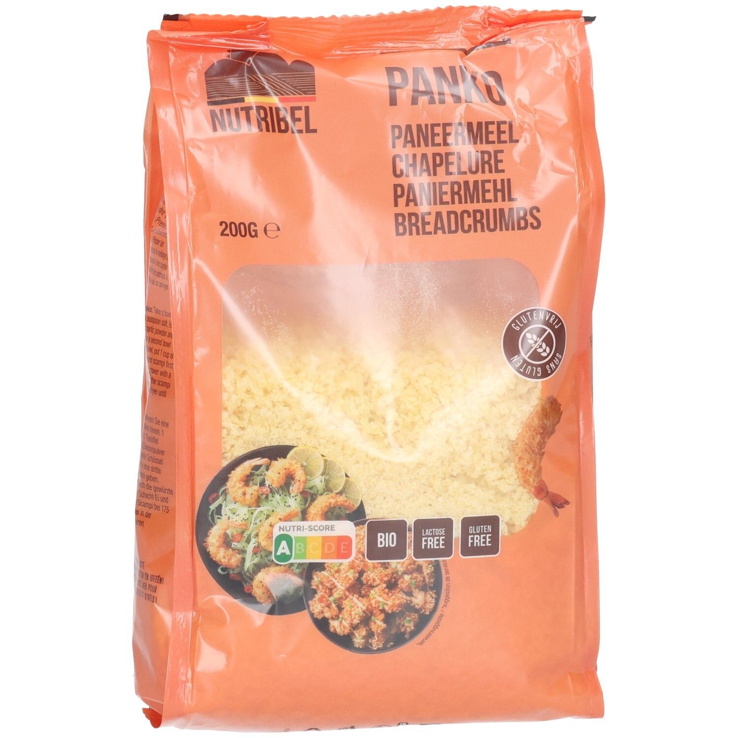 Emballage orange de chapelure Panko. Fenêtre transparente révélant le contenu. Label sans gluten. Labels bio et nutritionnels.