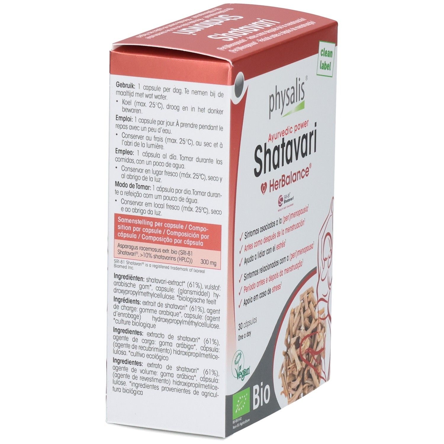 Rückseite der Physalis Shatavari HerBalance Packung mit Zutatenliste und Anwendungshinweisen.