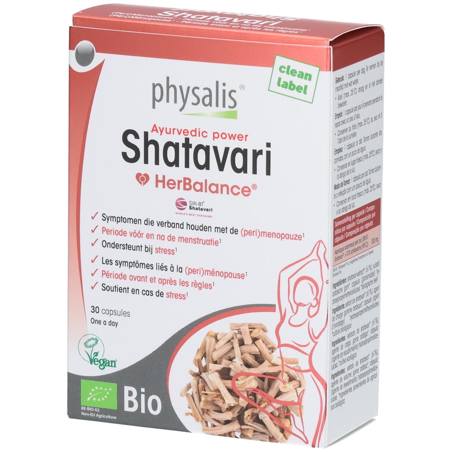 Vorderseite der Physalis Shatavari HerBalance Packung mit Bio- und Vegan-Siegeln.