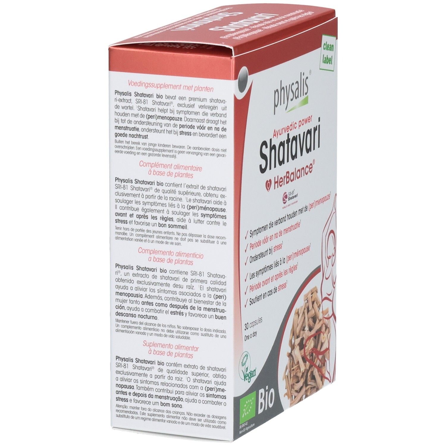 Seitenansicht der Physalis Shatavari HerBalance Packung mit detaillierten Produktinformationen.