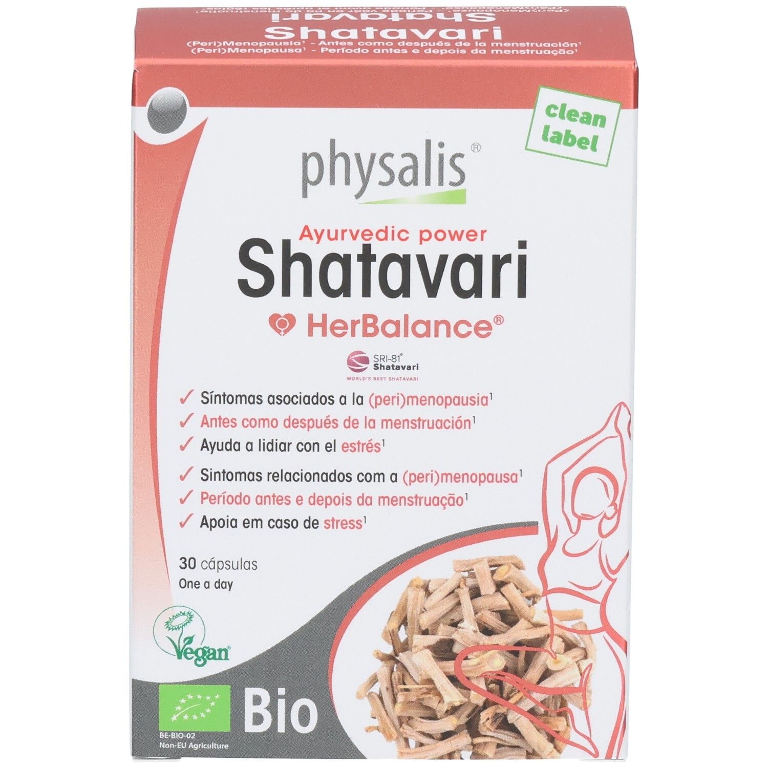 Physalis Shatavari HerBalance Packung mit Abbildung von Shatavari-Wurzeln und Frauengestalt.