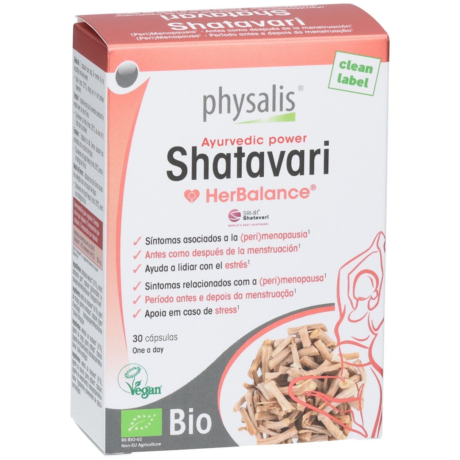 Vorderansicht der Physalis Shatavari HerBalance Packung, 30 Kapseln, Bio-Qualität.