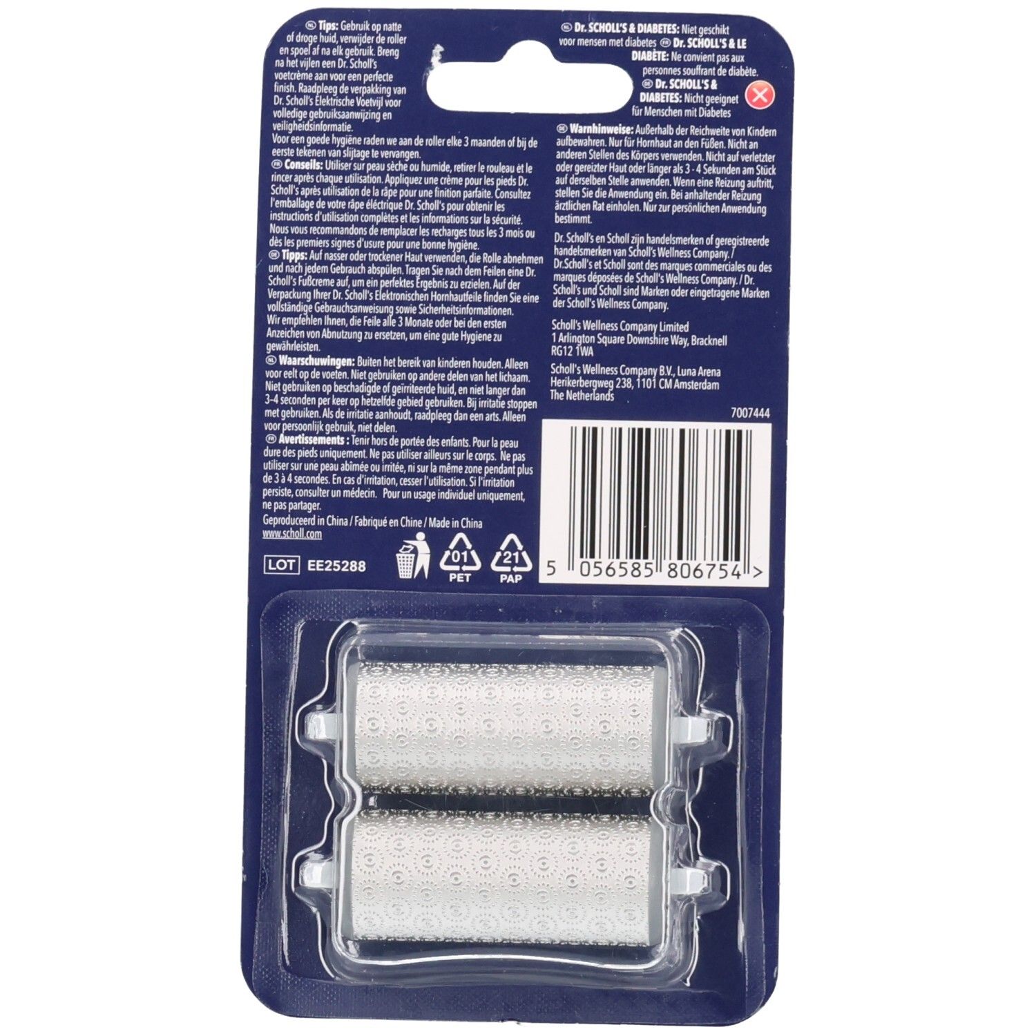 Rückseite der Verpackung mit zwei Ersatzrollen. Text in mehreren Sprachen, Barcode und Logo.