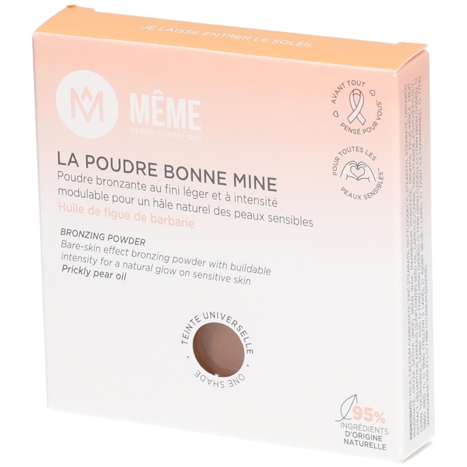 MEME Zonnepoeder 8g. Rechteckige Verpackung, hellrosa-weiß. Aufschrift: LA POUDRE BONNE MINE, Bronzing Powder. Sichtbares Produkt in der Mitte.
