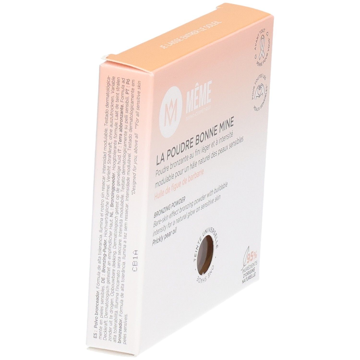 MEME Zonnepoeder 8g. Schräge Ansicht der Verpackung. Aufschrift: LA POUDRE BONNE MINE, Bronzing Powder. Sichtbares Produkt in der Mitte.