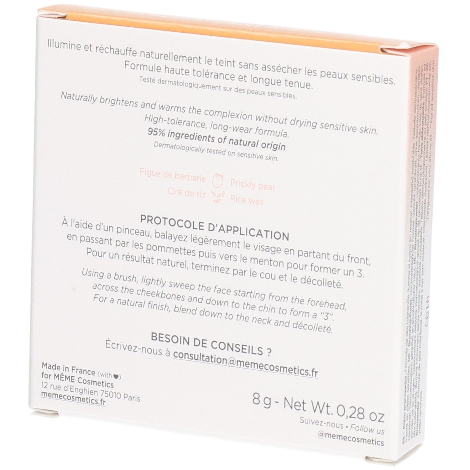 MEME Zonnepoeder 8g. Rückseite der Verpackung. Text: Anwendungsprotokoll, 8g - Netto-Gewicht 0,28 oz. Adresse: memecosmetics.fr.