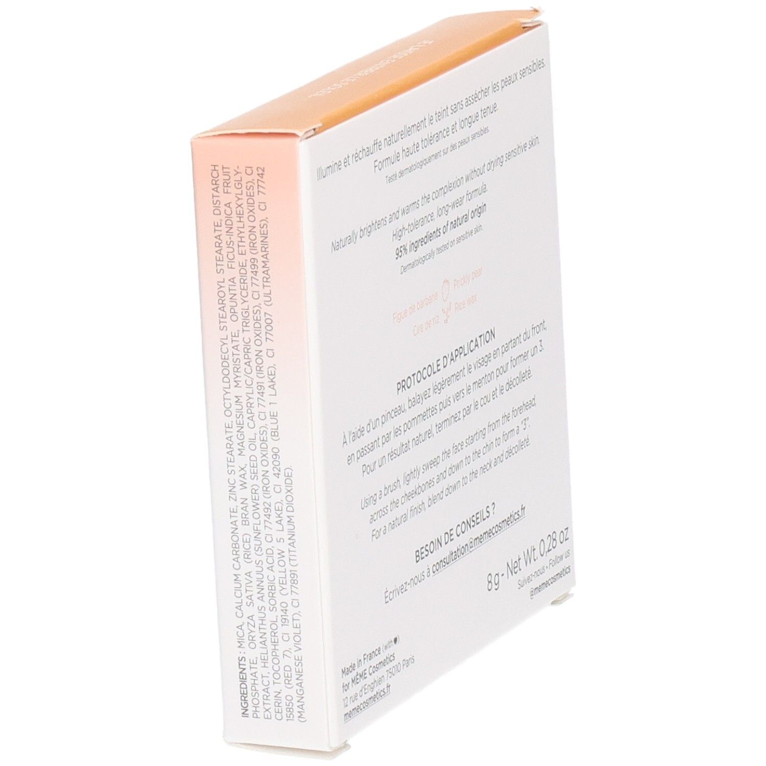 MEME Zonnepoeder 8g. Schräge Ansicht der Verpackung. Text: Inhaltsstoffe, 8g - Netto-Gewicht 0,28 oz. Adresse: memecosmetics.fr.