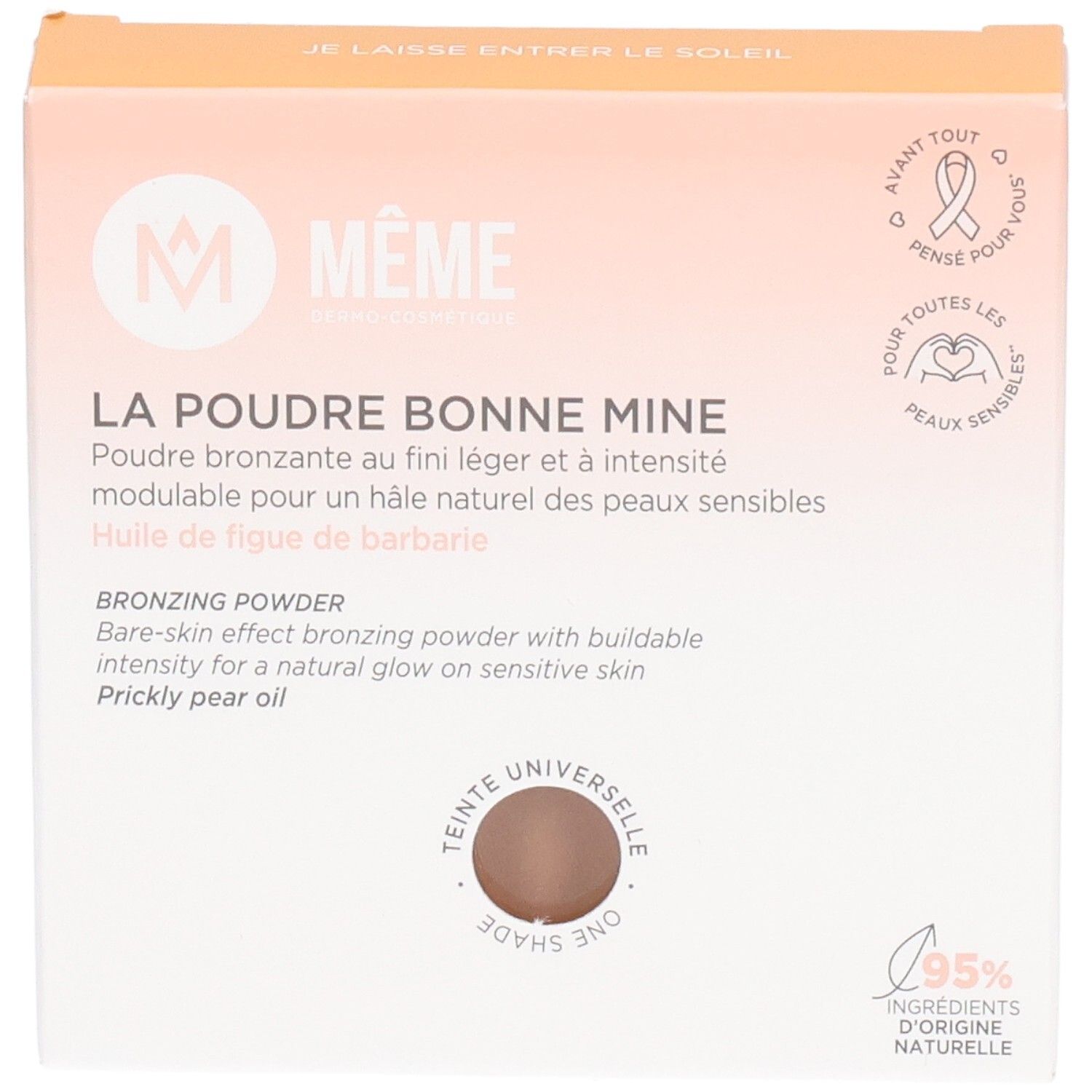 MEME Zonnepoeder 8g. Rechteckige Verpackung, hellrosa-weiß. Aufschrift: LA POUDRE BONNE MINE, Bronzing Powder. Sichtbares Produkt in der Mitte.