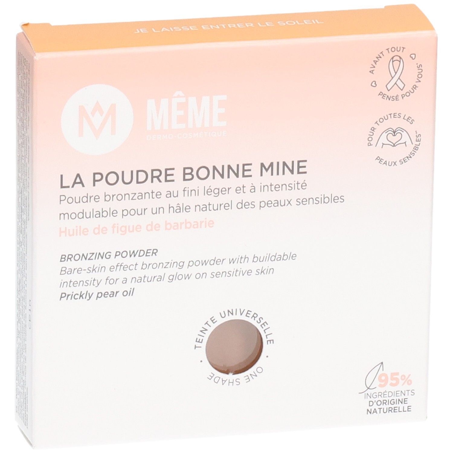 MEME Zonnepoeder 8g. Rechteckige Verpackung, hellrosa-weiß. Aufschrift: LA POUDRE BONNE MINE, Bronzing Powder. Sichtbares Produkt in der Mitte.