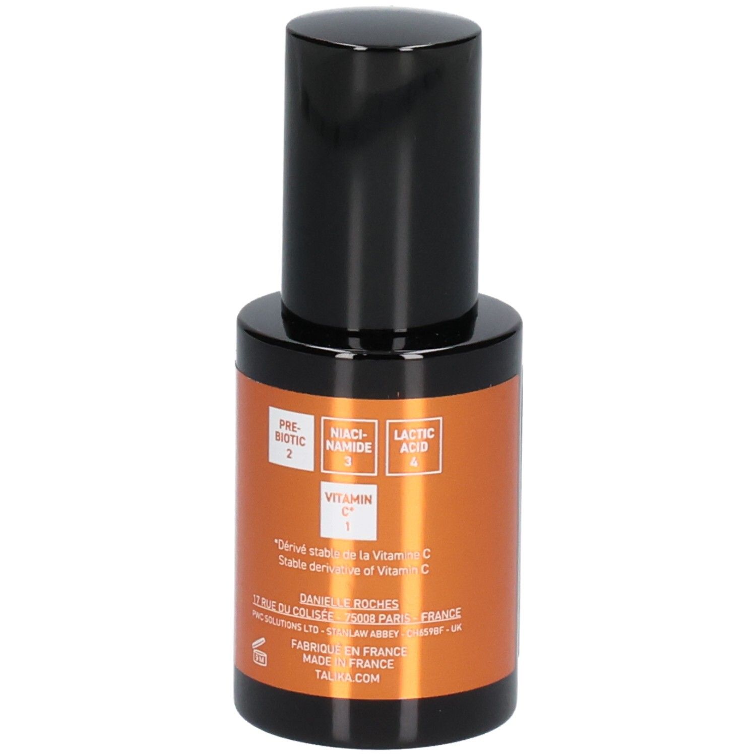 Flacon avec étiquette listant les ingrédients : Vitamine C, Niacinamide, Prébiotiques.