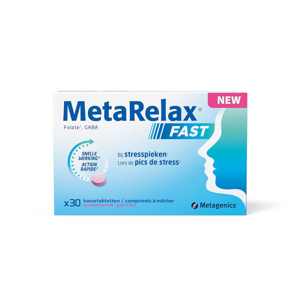 Boîte MetaRelax Fast de 30 comprimés à mâcher, goût fraise. "Nouveau" et "Action rapide" mis en avant.