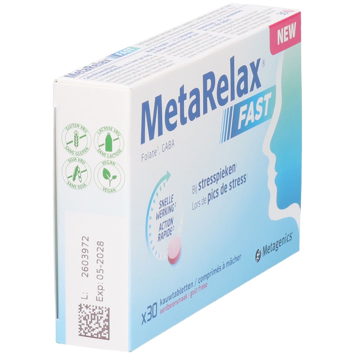 MetaRelax Fast Schachtel mit 30 Kautabletten. Links: "Glutenfrei", "Laktosefrei", "Sojafrei", "Vegan".