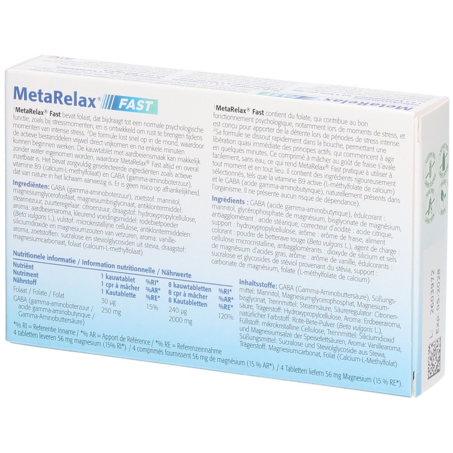 Rückseite der MetaRelax Fast Schachtel mit 30 Kautabletten. Enthält Zutaten und Nährwertangaben.