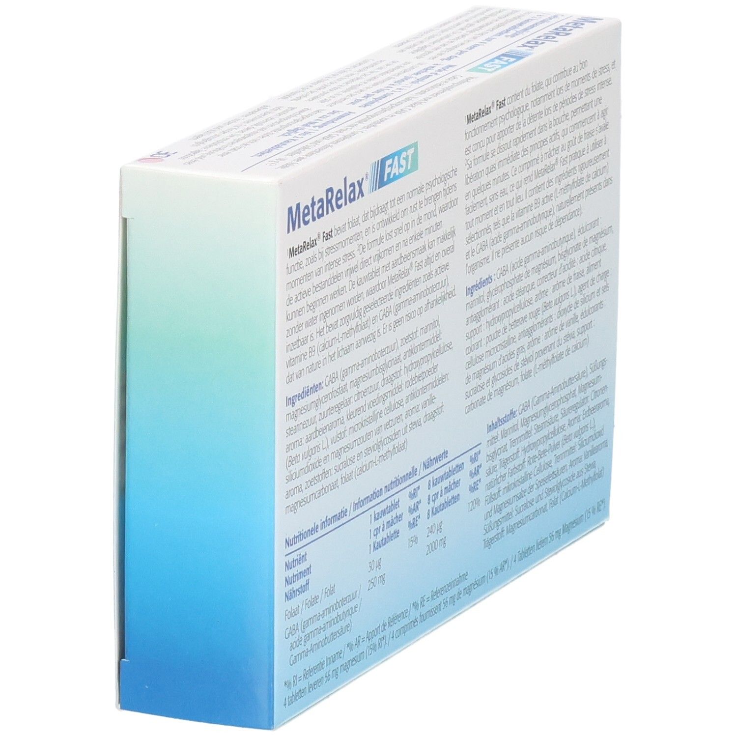 Seitenansicht der MetaRelax Fast Schachtel mit 30 Kautabletten. Enthält Zutaten und Nährwertangaben.