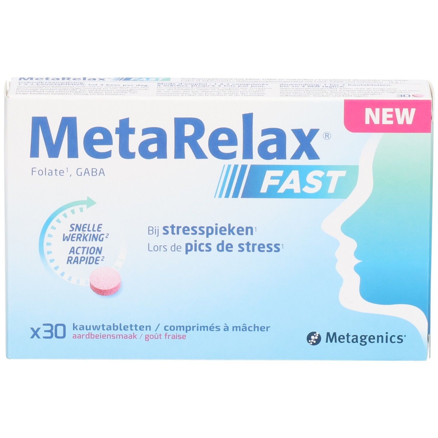 MetaRelax Fast Schachtel mit 30 Kautabletten, Erdbeergeschmack. "Neu" und "Schnelle Wirkung" hervorgehoben.