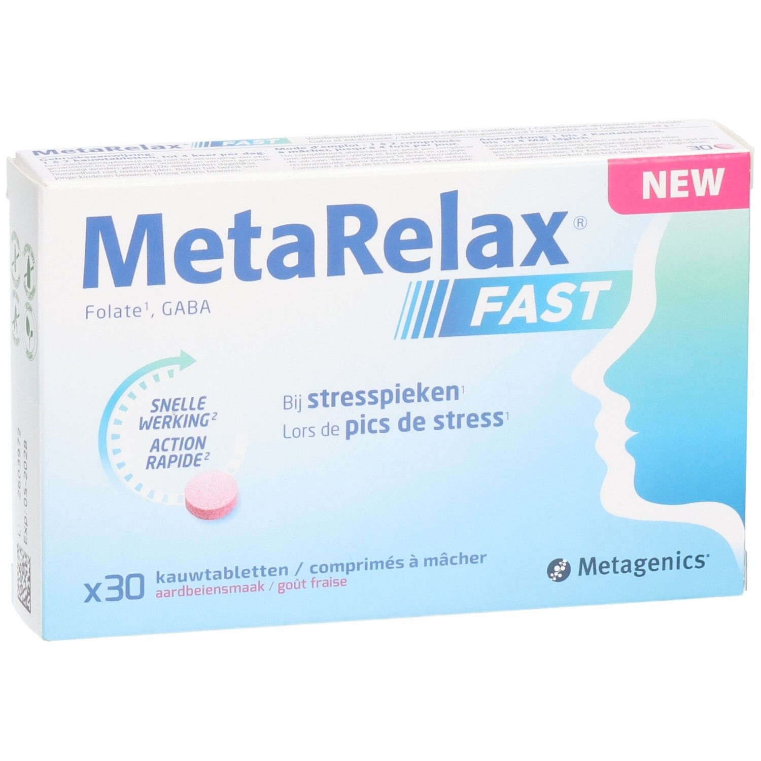 MetaRelax Fast Schachtel mit 30 Kautabletten, Erdbeergeschmack. "Neu" und "Schnelle Wirkung" hervorgehoben.