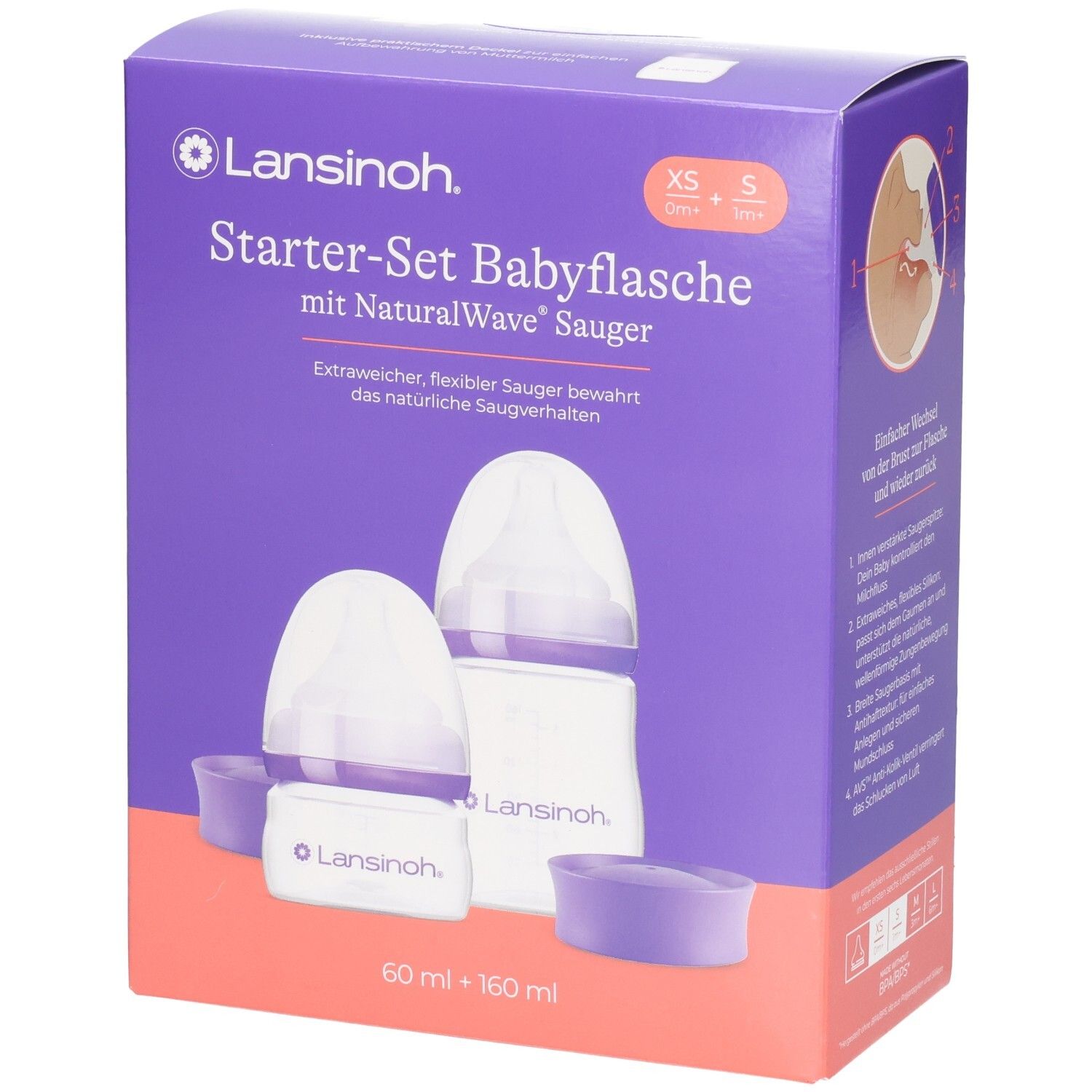 Lansinoh Starter-Set Babyflasche mit NaturalWave Sauger, 60 ml + 160 ml.