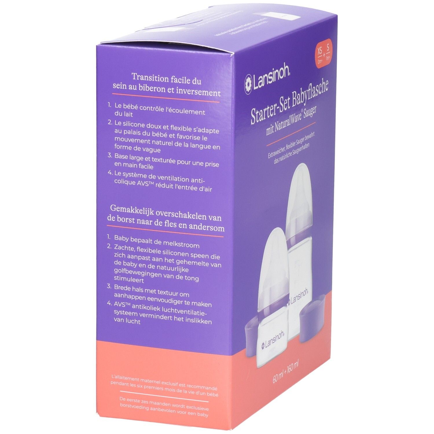 Lansinoh Starter-Set Babyflasche: Vorderseite mit Produktabbildung und Größenangaben XS, S.
