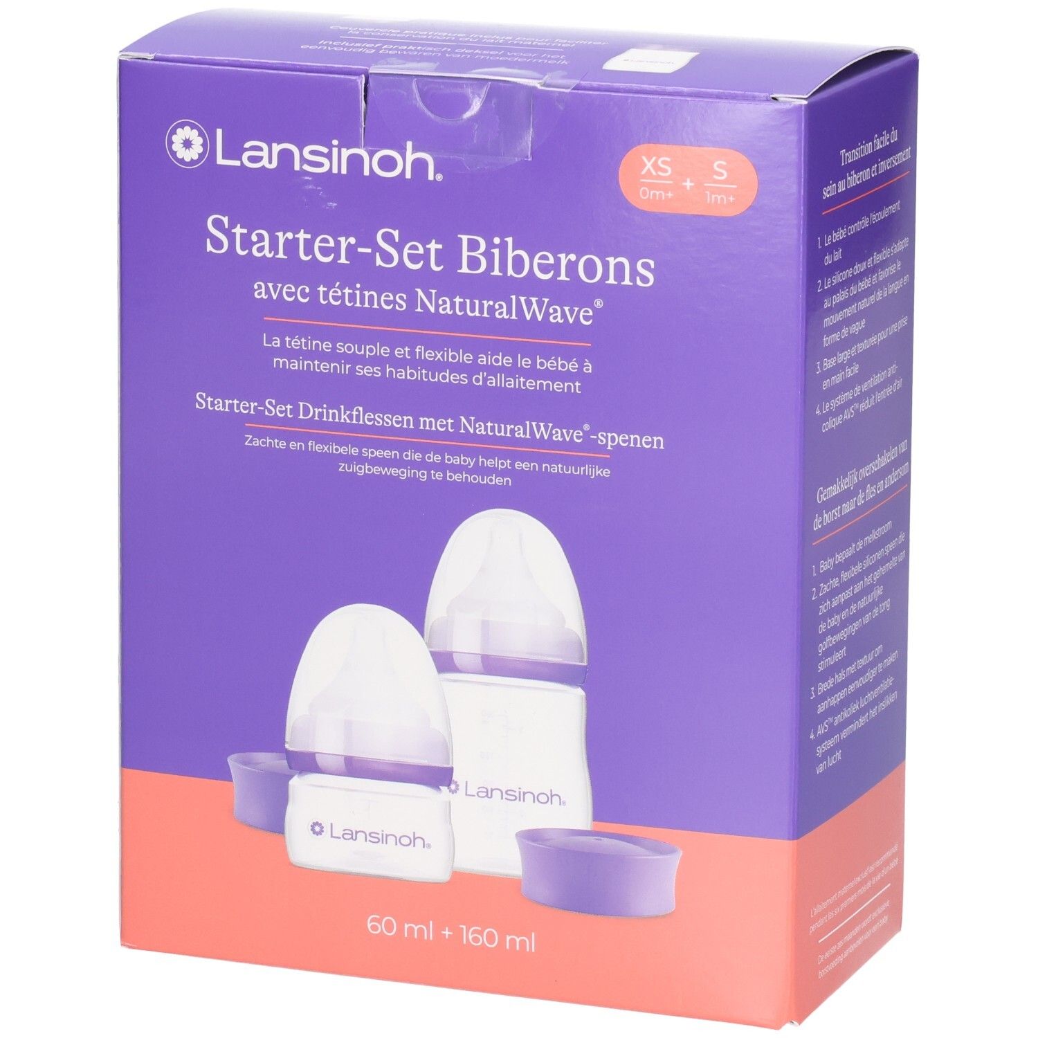 Lansinoh Starter-Set Babyflasche: Seitenansicht mit Anwendungshinweisen in Deutsch und Niederländisch.