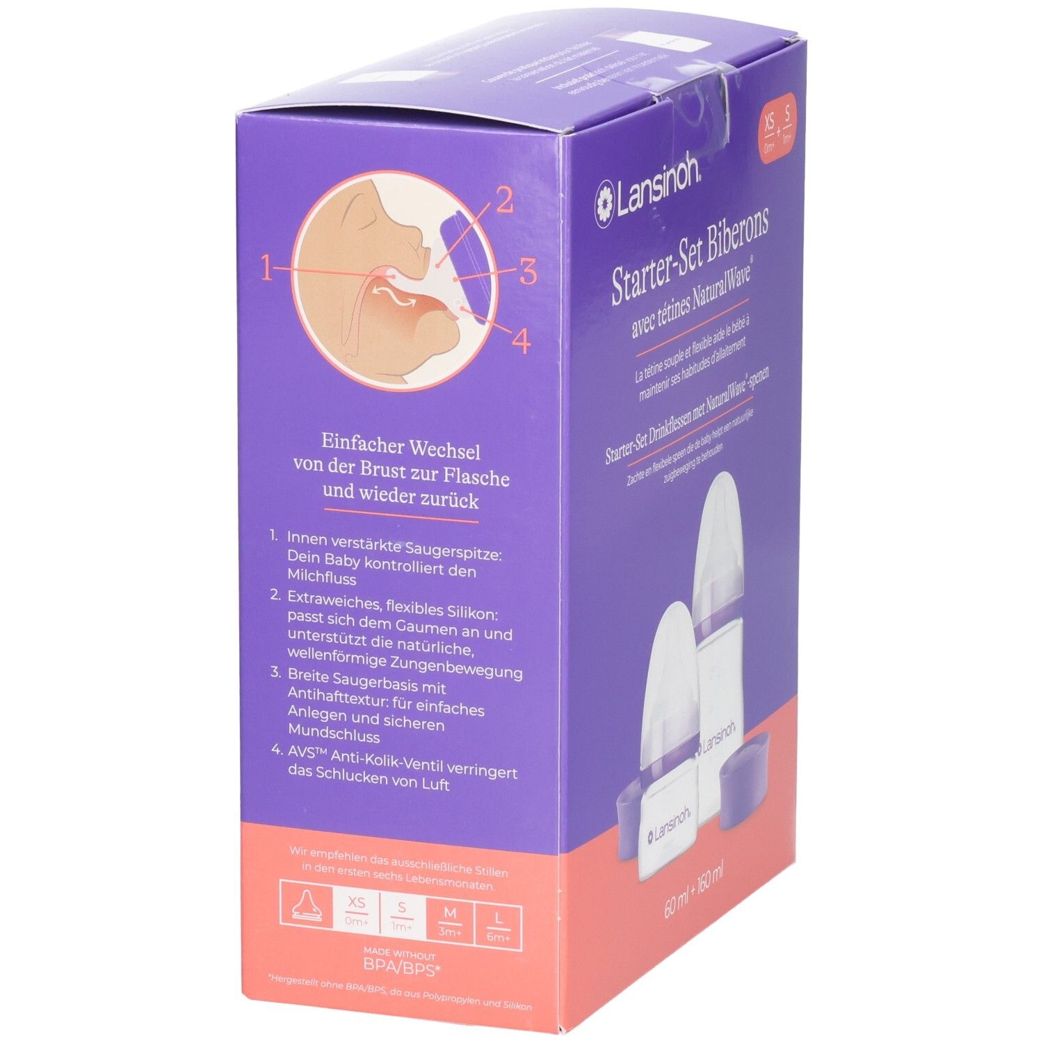 Lansinoh Starter-Set Babyflasche: Seitenansicht mit detaillierter Darstellung des Saugers und des Mundstücks.