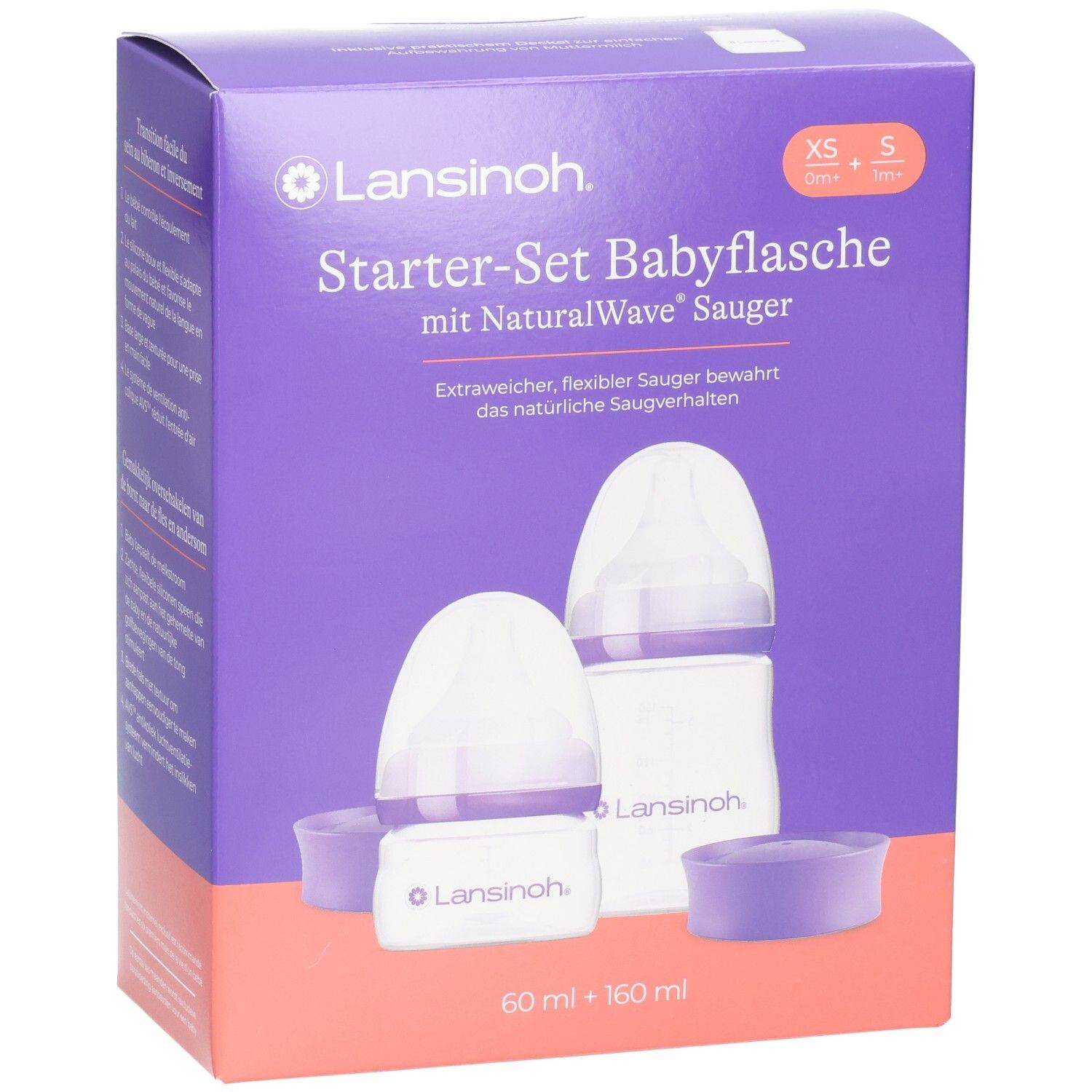 Lansinoh Starter-Set Babyflasche: Vorderseite mit Produktabbildung, Größen XS, S und BPA/BPS frei Kennzeichnung.