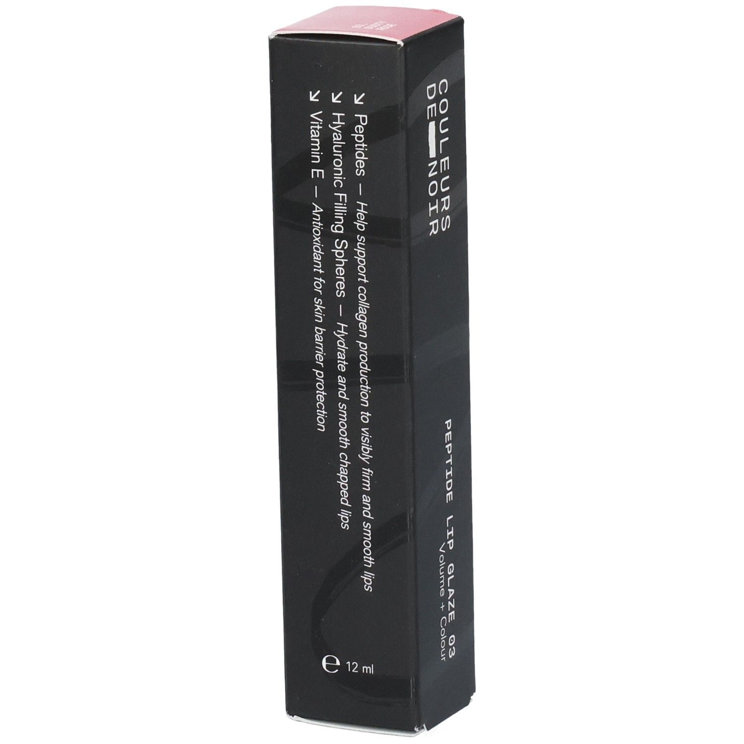 Schwarze Verpackung für COULEURS DE NOIR PEPTIDE LIP GLAZE 03, 12 ml. Enthält Peptide, Hyaluronsäure-Füllsphären und Vitamin E.