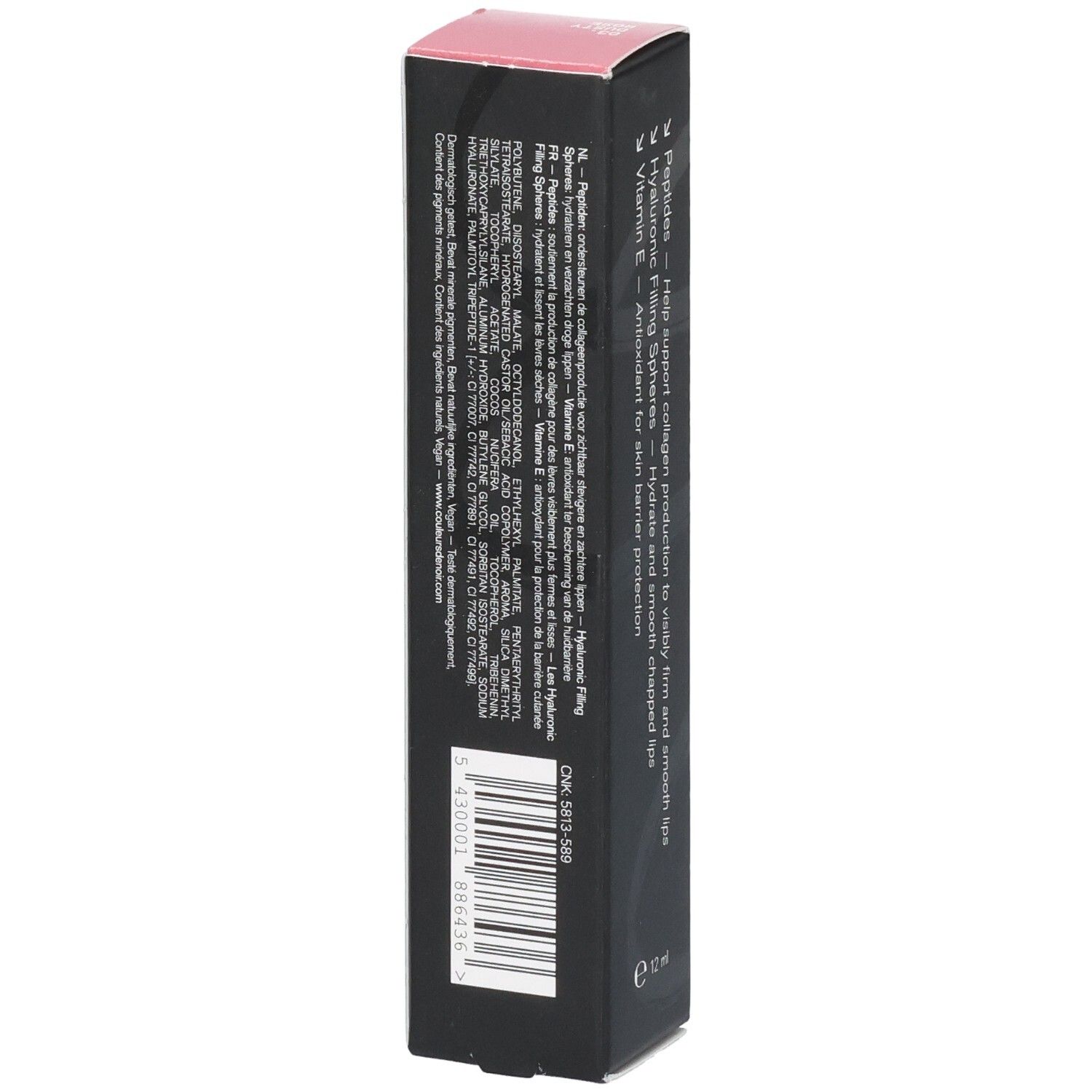 Schwarze Verpackung mit rosa Deckel, enthält Produktinformationen und Barcode. 5 ml.