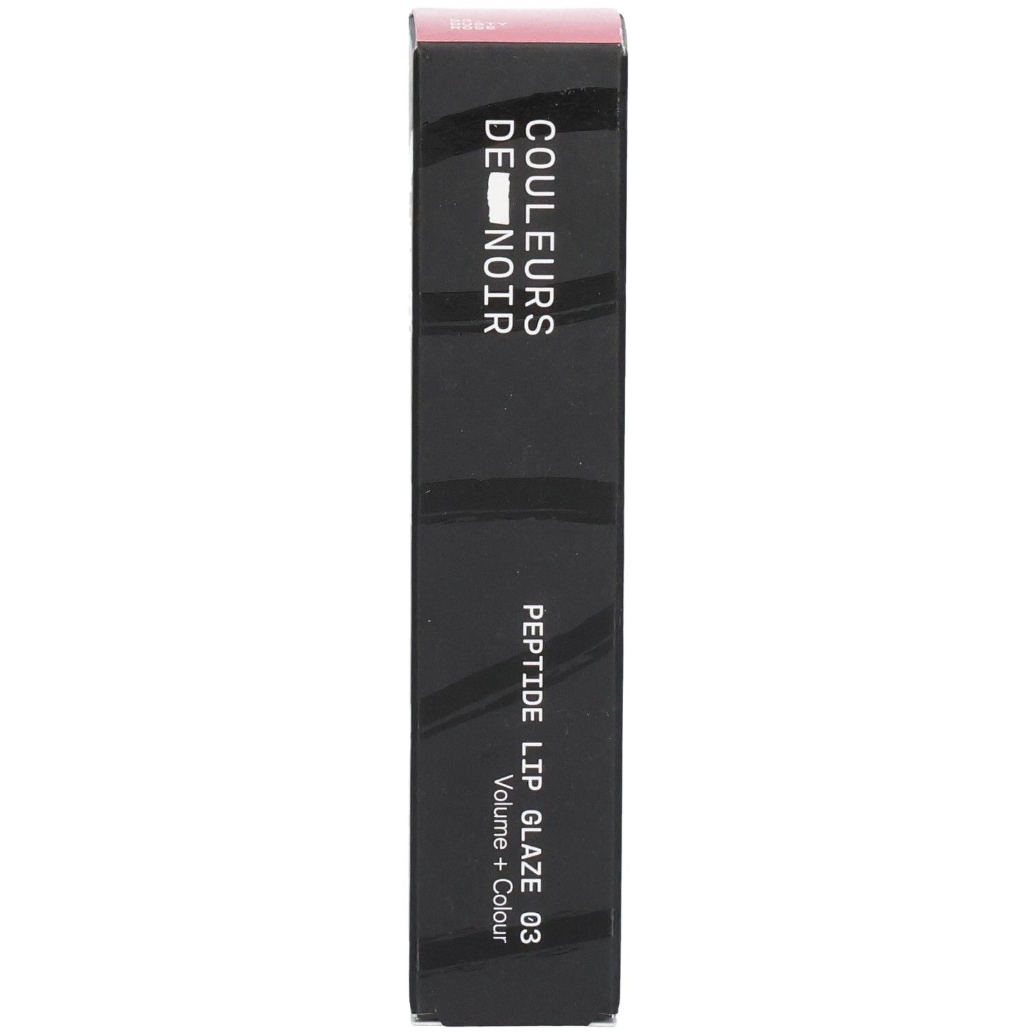 Schwarze Verpackung mit "COULEURS DE NOIR" und "PEPTIDE LIP GLAZE 03 Volume + Colour" Aufschrift.