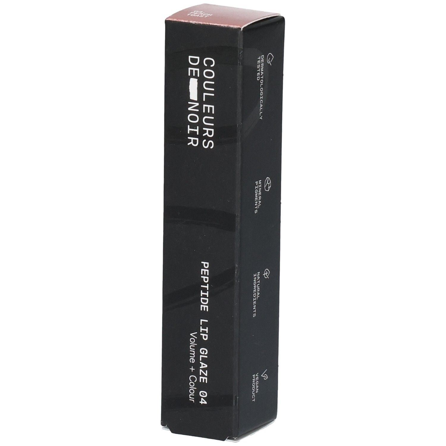 Schwarze Verpackung für "Couleurs de Noir Peptide Lip Glaze 04".