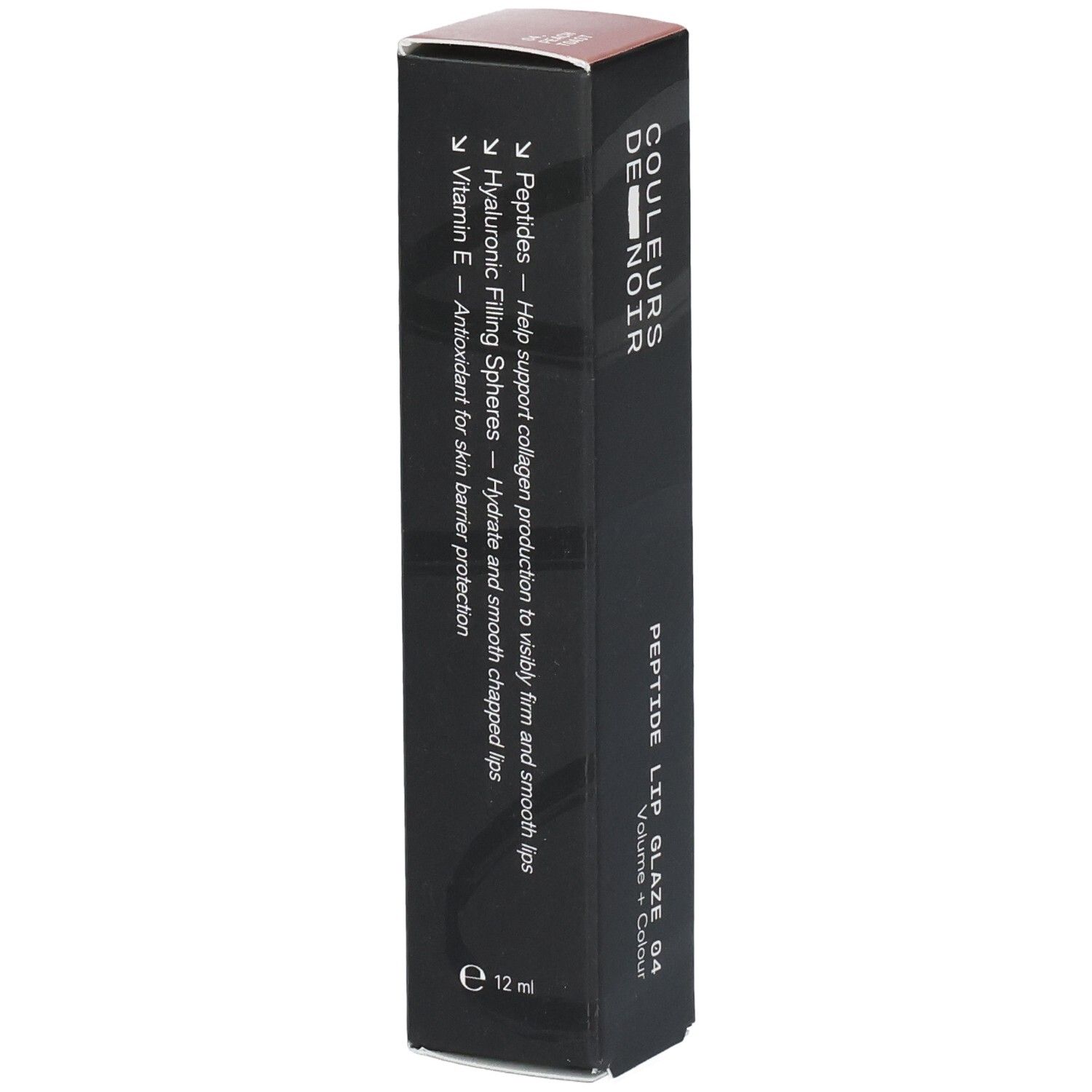 Schwarze Verpackung für Lippenpflege mit Text zu Peptiden, Hyaluronsäure und Vitamin E.