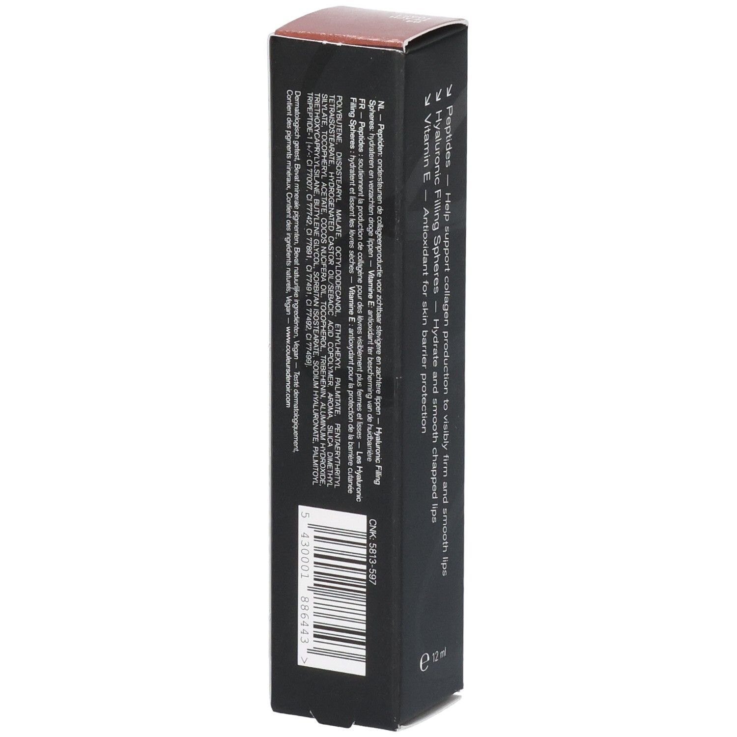 Schwarze Verpackung mit Text und Barcode. Enthält Hyaluronsäure, Peptide und Vitamin E.