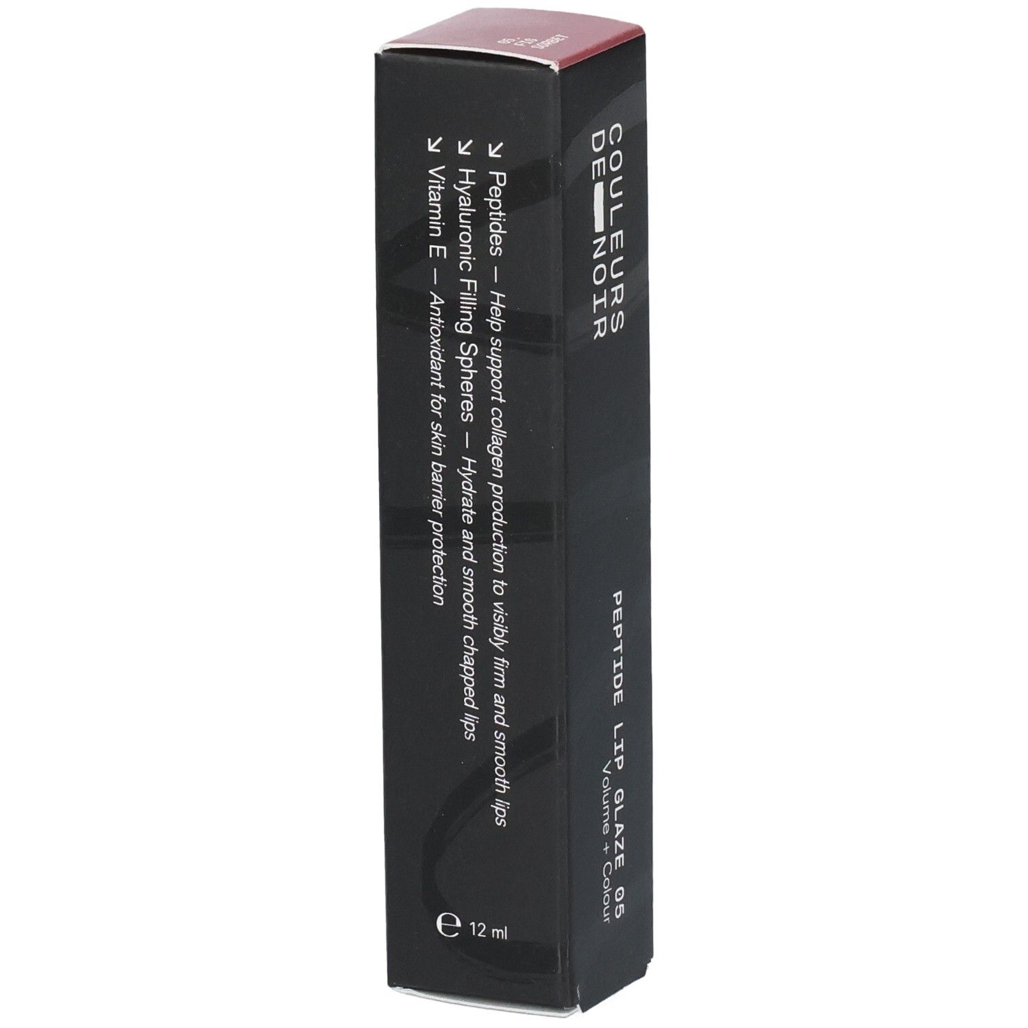 Schwarze Verpackung für Lip Glaze mit Peptiden, Hyaluronsäure und Vitamin E. 12 ml.